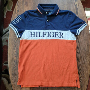 Tommy Hilfiger Navy Orange Embroidered Custom Fit Polo Shirt Size Men's Small